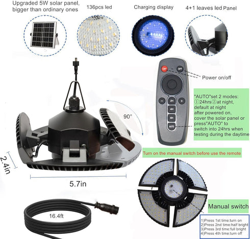 Night,4+1 136Leds Remote,IP65 HULPPRE Solar Shed Light-Daytime or Leaves Brighter Solar Light Indoor&Outdoor