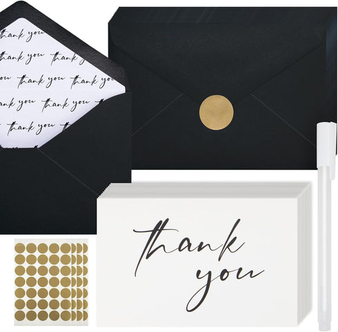 AZAZA Black Thank You Cards with Envelopes 4x6 inch, Bulk 100 Pack