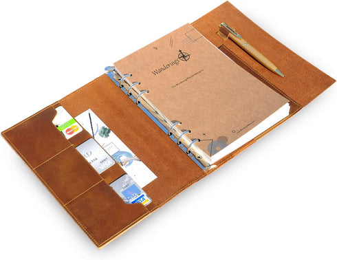 Refillable A5 Leather Binder Journal - 8.5x6" 6 Ring Organizer with Pockets, Hand-Crafted Genuine Leather Folio
