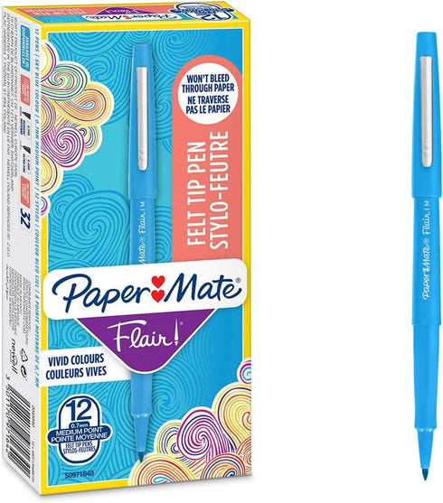 Paper Mate Flair Felt Tip Pens | Medium Point (0.7mm) | Sky Blue | 12 Count