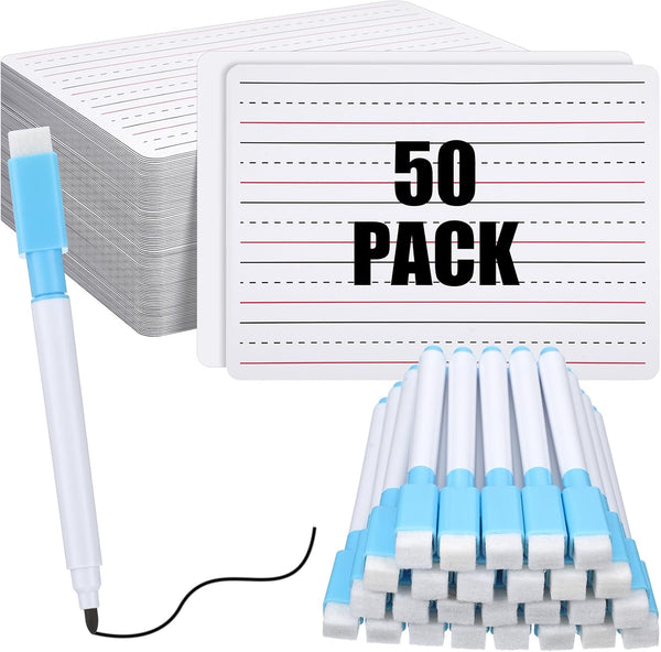 ReliThick 50 Pcs Lined Dry Erase Board Classroom with Markers, 9 x 12" Double Sided Whiteboards for Students