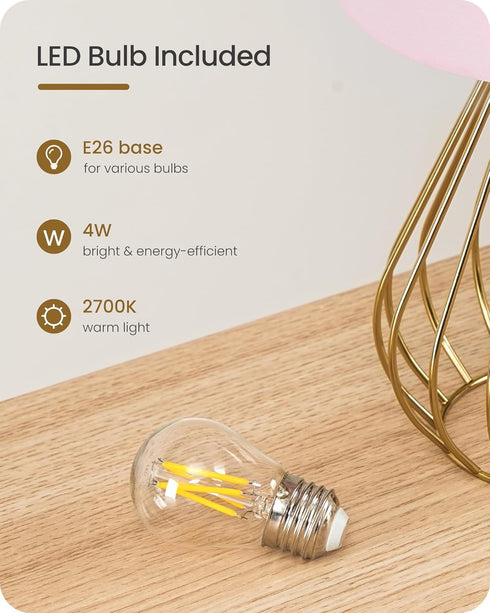 2700K Bulb DP06TL05 Pink and Gold Table Lamp, Small Bedside Lamp with Metal Base & Pink Linen Lampshade, Modern