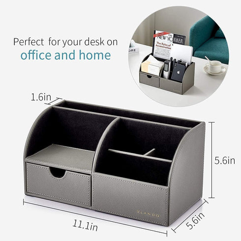 Vlando Office Desk Organizer, Leather Caddy with Drawer for Storing Desktop Supplies and Accessories, Grey Set
