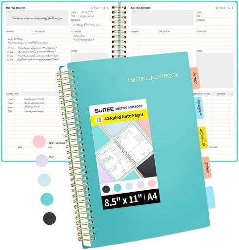 SUNEE A4 Size Meeting Notebook with Action Items - 160 Pages, Spiral Project Planner for Note Taking, Teal