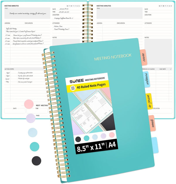 SUNEE A4 Size Meeting Notebook with Action Items - 160 Pages, Spiral Project Planner for Note Taking, Teal