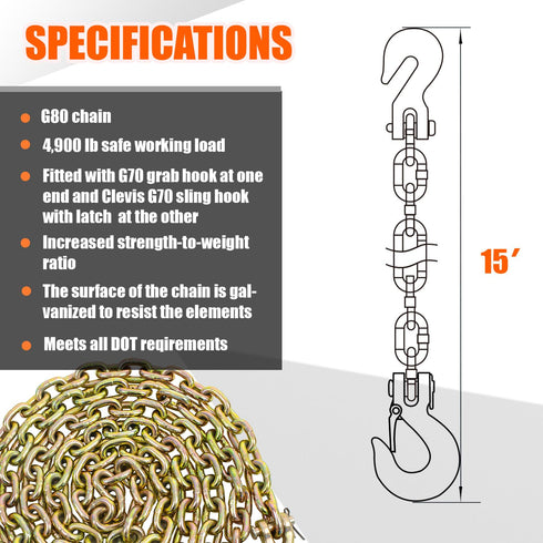 TKK G80 Transport Binder Chain, 5/16 Inch x 15 Foot Logging Chain with Grab and Sling Hooks, 7,100 lbs Safe Working Load