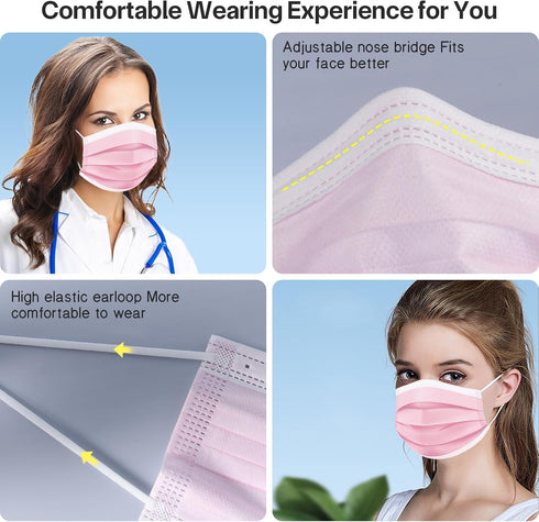 50Pcs 3 DR.MOXA Pink Disposable Medical Face Masks, Layers Safety Mask for Adults Teenagers Daily Use