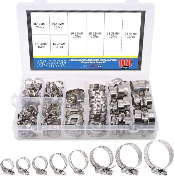 Glarks 100Pcs 8-44mm Range 304 Stainless Steel Worm Gear Hose Clamps Assortment Kit for Plumbing