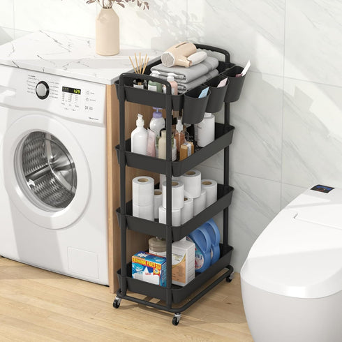 JIUYOTREE 4-Tier Plastic Rolling Storage Cart, Utility Cart with Extra Hanging Cups and Lockable Wheels for Living