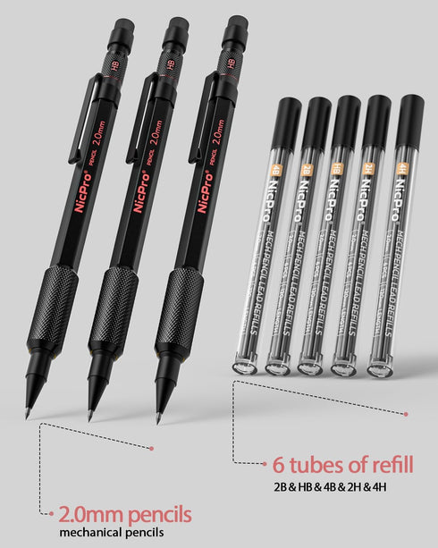 Nicpro 3 Pack 2mm Mechanical Pencils Set with Case, 33 Graphite Lead Refills, 36 Colored Lead, Erasers, Heavy Duty