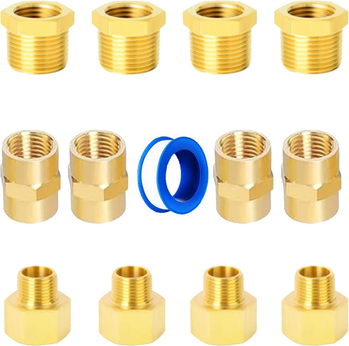 Brass Fitting 13pcs, 1/2" X 3/8" NPT Kit, Reducing Adapter and Hex Bushing