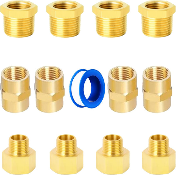 Brass Fitting 13pcs, 1/2" X 3/8" NPT Kit, Reducing Adapter and Hex Bushing