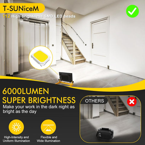 60W 6000LM 13ft 3 T-SUNiceM LED Work Light, Work Lights on StandLED Flood Light Outdoor Cord with Plug, Modes, Magnetic