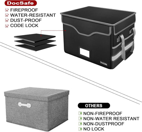 DocSafe Fireproof Document Box with Lock, Portable File Storage Organizer with Mesh Pockets, Collapsible for Home Office