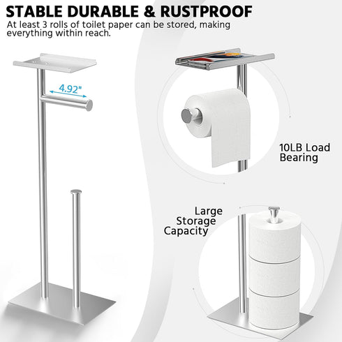 CISILY Silver Stainless Steel Toilet Paper Holder Stand with Phone Shelf, Bathroom Toliet Decor Decoration. Tissue