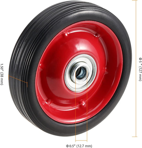 4 Pack 5" x 1.5" Solid Rubber Flat Free Tire, Premium Hand Truck Tires with Ball Bearings, 1/2 Inch Axle Hole, 88 lbs Capacity by SEUNMUK