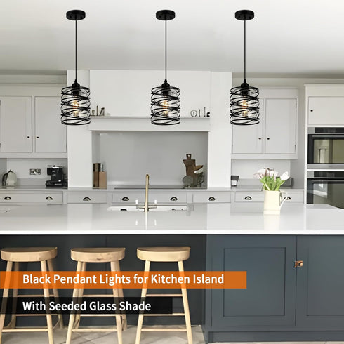 Black Pendant Lights for Kitchen Island, Industrial Farmhouse Pendant Light Fixtures with Seeded Glass Shade