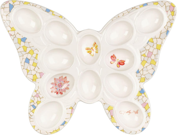Dolly Parton Jeweled Mosaic Butterfly Figural Deviled Egg Platter Dish, Ceramic Egg