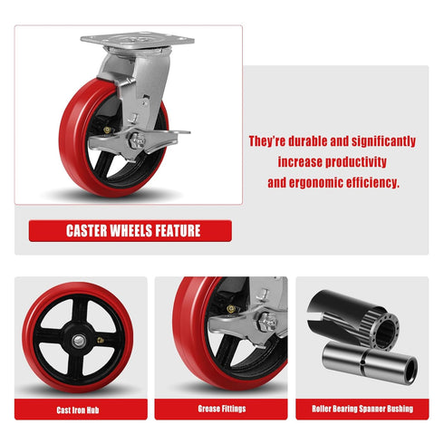 6"X2" Heavy Duty Industrial Casters: Crowned Polyurethane Tread, 1200 lbs Load Capacity, Swivel with Brake