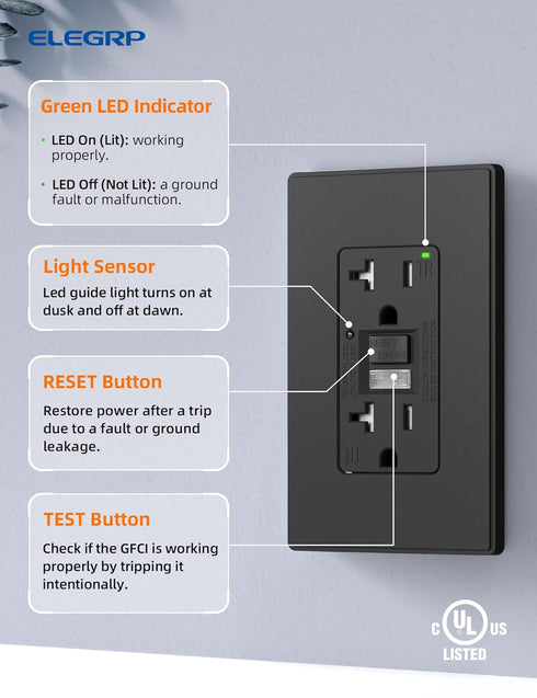 ELEGRP GFCI Outlet w/Nightlight, 20 Amp Self-Test GFI Electrical Outlet, UL Listed, Matte Black