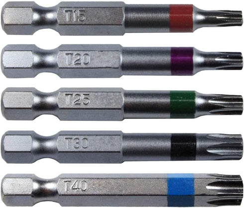 Torx/Star Drive 5 Piece Bit Set, 2" Quick Change Shank (Color Coded) Includes T-15, T-20, T-25, T-30, T-40