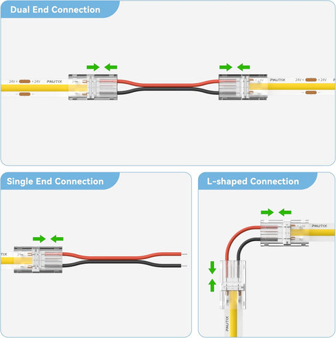 8mm 2-Pin Lights,20pcs Connectors,10ft(305cm) 22AWG Solderless,5V 12V 24V 2835 PAUTIX COB LED Connectors for COB LED