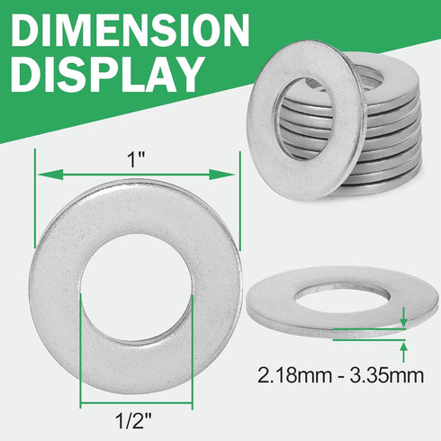 1/2" Stainless Steel Flat Washers - 1" Outside Diameter, 304 Stainless Steel Washers Pack of 50