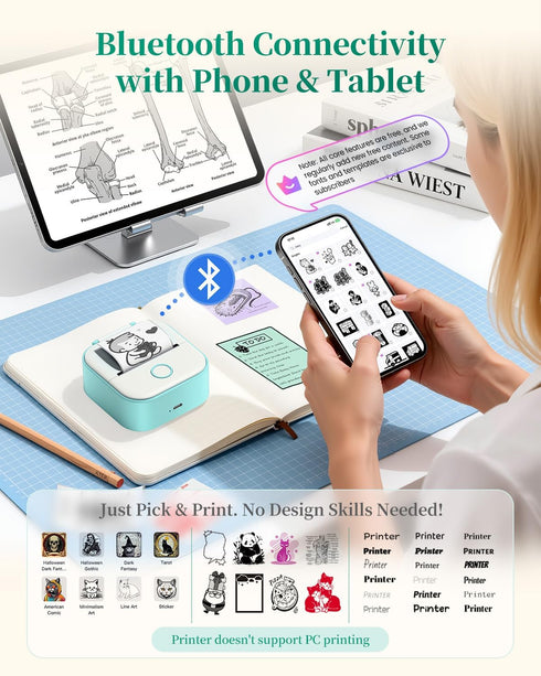 Memoking T02 Mini Sticker Printer - Thermal Printer Portable Label Maker Bluetooth Photo Printer Print Pods Inkless