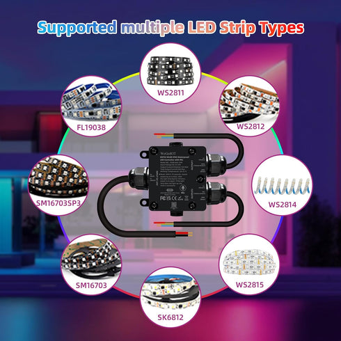 IP65 ESP32 DC5-24V, WS2812B Lights(2 Waterproof LED Controller, WLED WiFi APP Control, Outdoor Music Sync Light