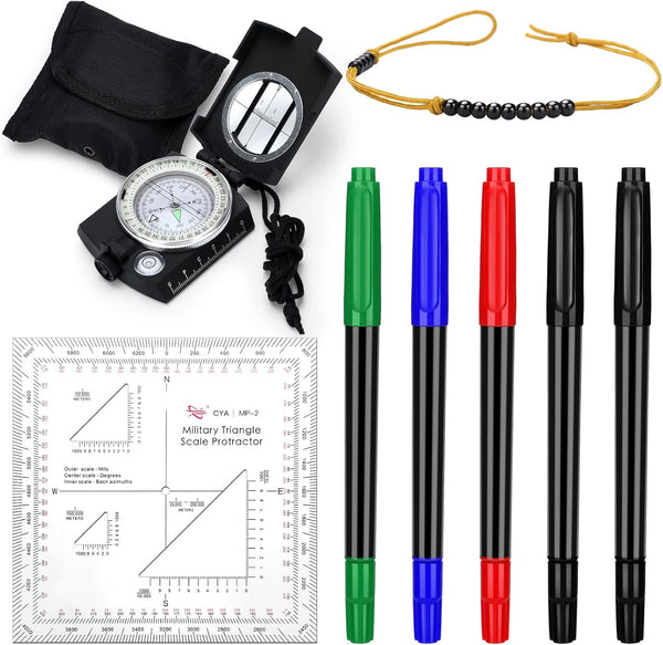 Yeaqee 8 Pcs Land Navigation Kit, Includes 5 Military Map Markers, Compass, Scale, Protractor for Adventure