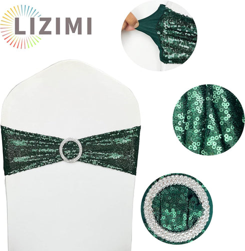 10 Pack Shimmering Sequin Chair Sashes - High Elasticity Spandex Stretch Chair Bows with Buckle for Wedding, Party