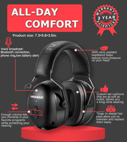 037 6.0 1500mAh 30dB 120H PROHEAR Bluetooth Hearing Protection Headphones with Rechargeable Battery, SNR Safety Noise
