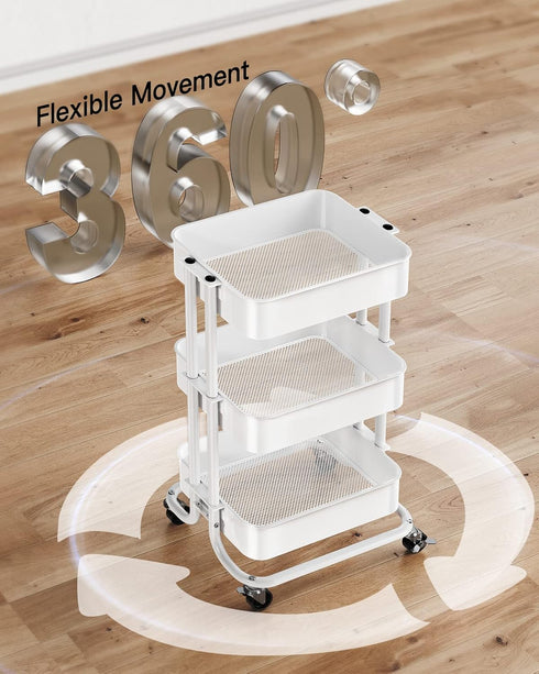 Pipishell 3 Tier Heavy-Duty Metal Rolling Utility Cart, Multifunctional Mesh Storage with 2 Lockable Wheels (White)