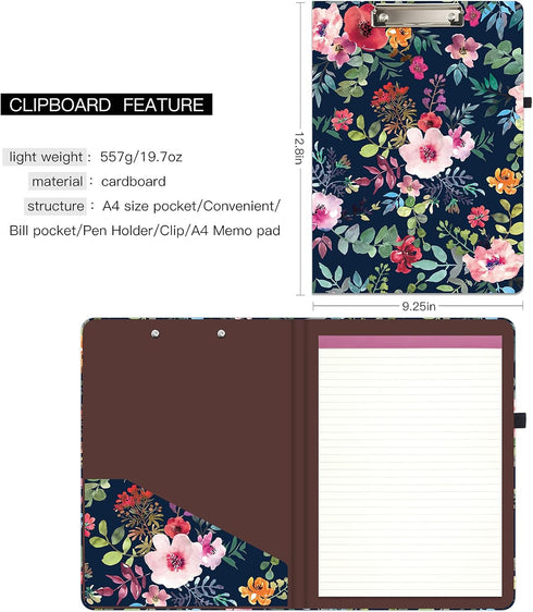 Hongri Clipboard Folio with Refillable Notepad & Storage Pocket, Cute Spring Flower Pattern, 12.8" x 9.2"
