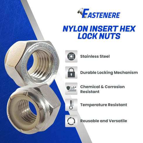 Fastenere 1/4"-20 (100-Pack) 18-8, Nylon Insert Hex Lock Nuts - Stainless Steel Plain Finish, Corrosion-Resistant