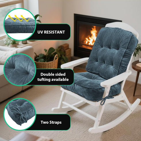 lihtsofty Pads,Set 2 Blue,22x17x3/17x17x4 Rocking Chair Cushion, High-Density Sponge,Memory Foam Non Slip,FadeShield