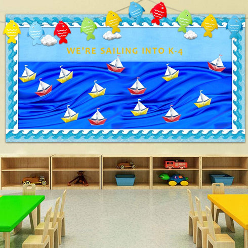 Ocean Waves Bulletin Board Border, Blue Turquoise Trim Paper for Classroom Decorations, 36 Feet