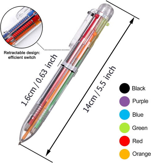 EEOYU 6 Pack Multicolor Pens 0.5mm 6-in-1 Retractable Ballpoint Pens 6 Colors Transparent Barrel Ballpoint Pen for Office School Supplies Students Children Gift by EEOYU