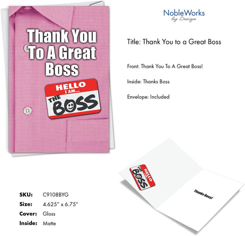 The Best Card Company Boss Thank You Greeting Card with 5 x 7 Inch Envelope, Co-Worker Thank You