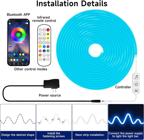 19.68ft 24V IP67 KANTUTOE LED Neon Rope Lights, RGB LED Light Strip, Music Sync App/Remote Control DIY Rope Light