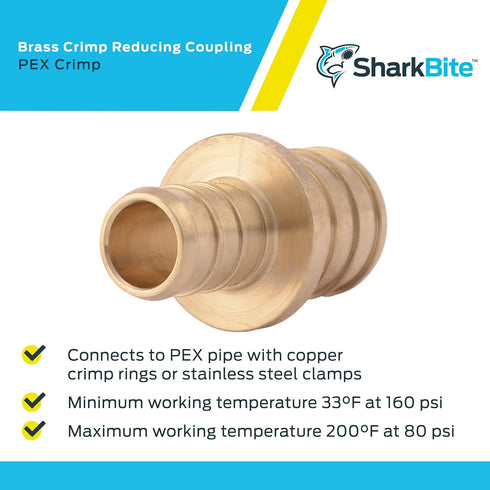 SharkBite 1/2 Inch x 3/4 Inch Crimp Reducing Coupling - Pack of 25, Brass Plumbing Fitting