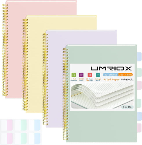 Umriox 4 Pack Lined Spiral Journal Notebook, 160 Pages, 8.5" x 11" College Ruled Notebook with Sticky Tabs