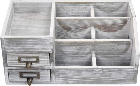 Distressed Rustic Wooden Office Desktop Organizer, 2 Tier Drawers, Multiple Compartments for Jewelry Storage
