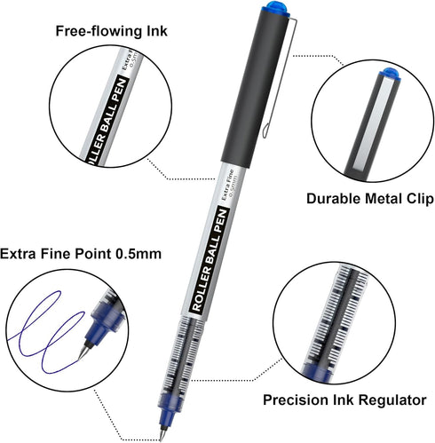 Shuttle Art RollerBall Pens, 25 Pack Blue Fine Point Roller Ball Pens, 0.5mm Liquid Ink Pens for Writing Journaling Taking Notes School Office by Shuttle Art