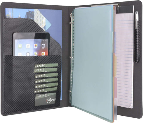 Binder Portfolio Organizer - Business and Interview Padfolio with Color File Folders and 3-Ring Binder, Clipboard