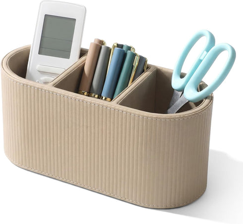 hidyuuoo Desk Organizer with Pen Holder, Nightstand Organizer, and Remote Holder, Beige Roman
