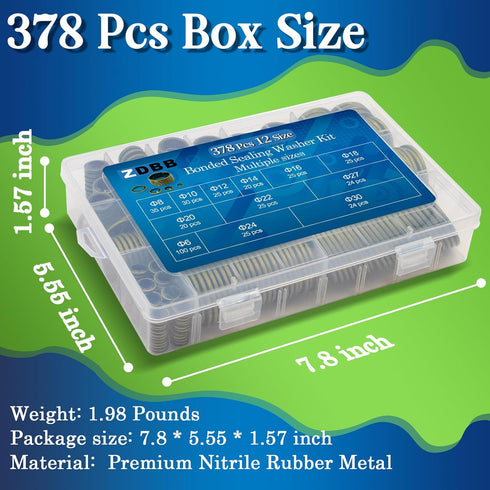 12 Sizes 378 Pcs Bonded Sealing Washer Kit, Automotive Self-Centered AC Seal Metal Rubber Gasket Assortment