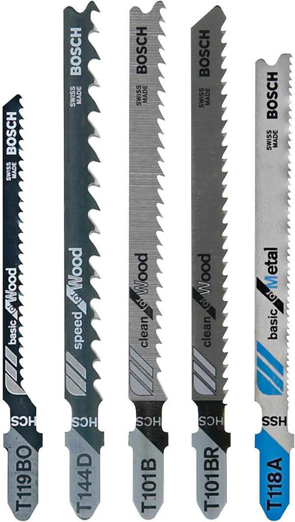 Bosch T-Shank Jig Saw Blade Set T501, 5 Pieces, 3-1/4'' - 4'', 6-24 TPI for Wood And Metal