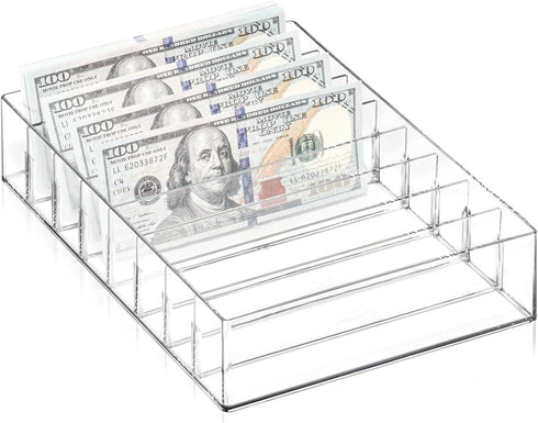 XUWAIDSGN Large Acrylic Cash Organizer - 8 Section Clear Money Budget Tray, Plastic Divider Bill Storage Holder (Clear)