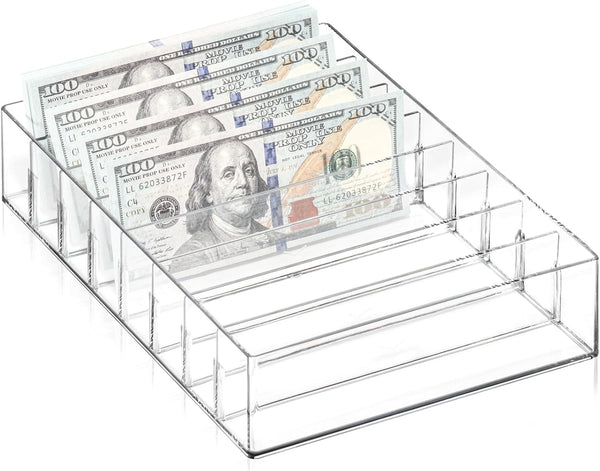 XUWAIDSGN Large Acrylic Cash Organizer - 8 Section Clear Money Budget Tray, Plastic Divider Bill Storage Holder (Clear)